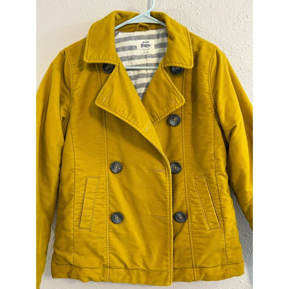 Mini Boden Yellow Pea‎ Coat preppycore Kids Size 13-14Y Cotton Striped Lining
